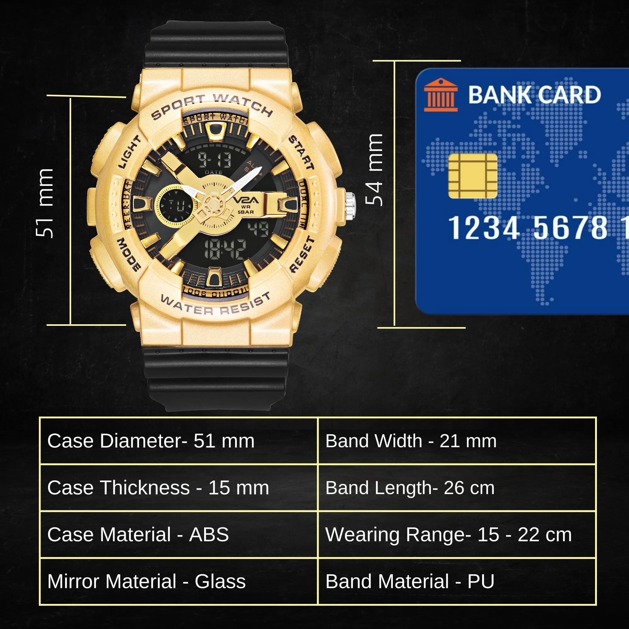 V2A Analog Digital Big and Bold Golden Case 5ATM Waterproof Sports Watch for Men with Stopwatch, Alarm and Backlight | Case Size- 51mm