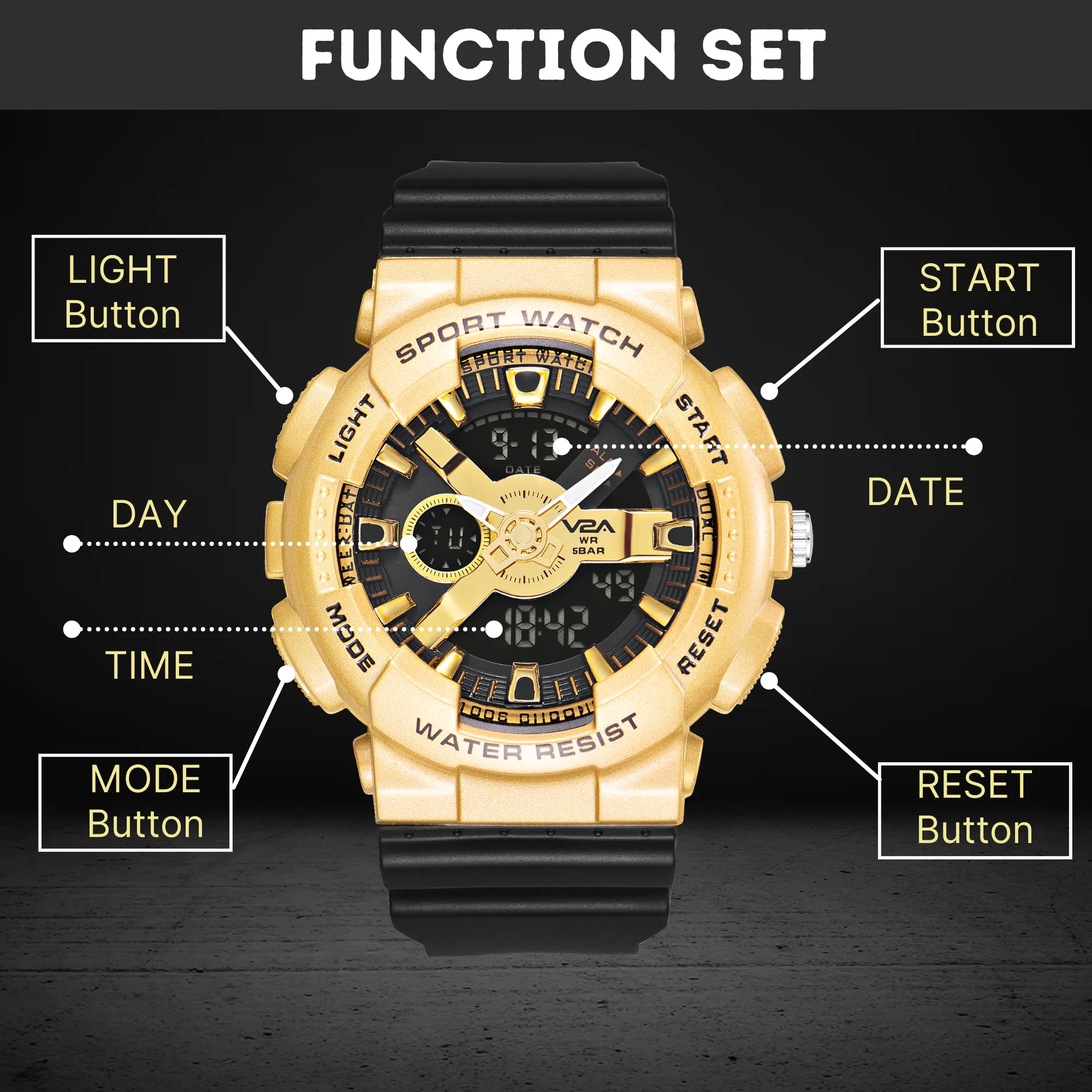 V2A Analog Digital Big and Bold Golden Case 5ATM Waterproof Sports Watch for Men with Stopwatch, Alarm and Backlight | Case Size- 51mm