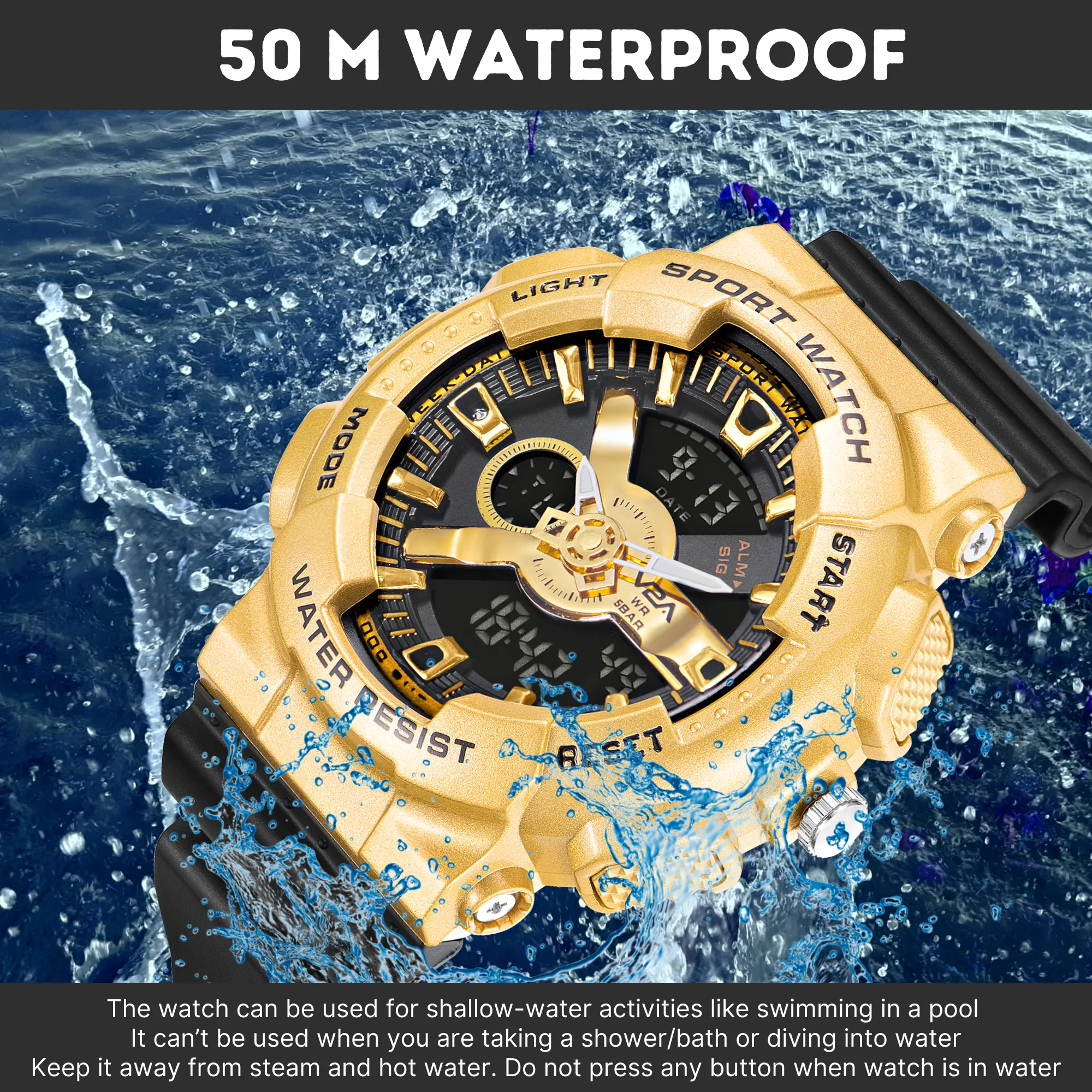 V2A Analog Digital Big and Bold Golden Case 5ATM Waterproof Sports Watch for Men with Stopwatch, Alarm and Backlight | Case Size- 51mm