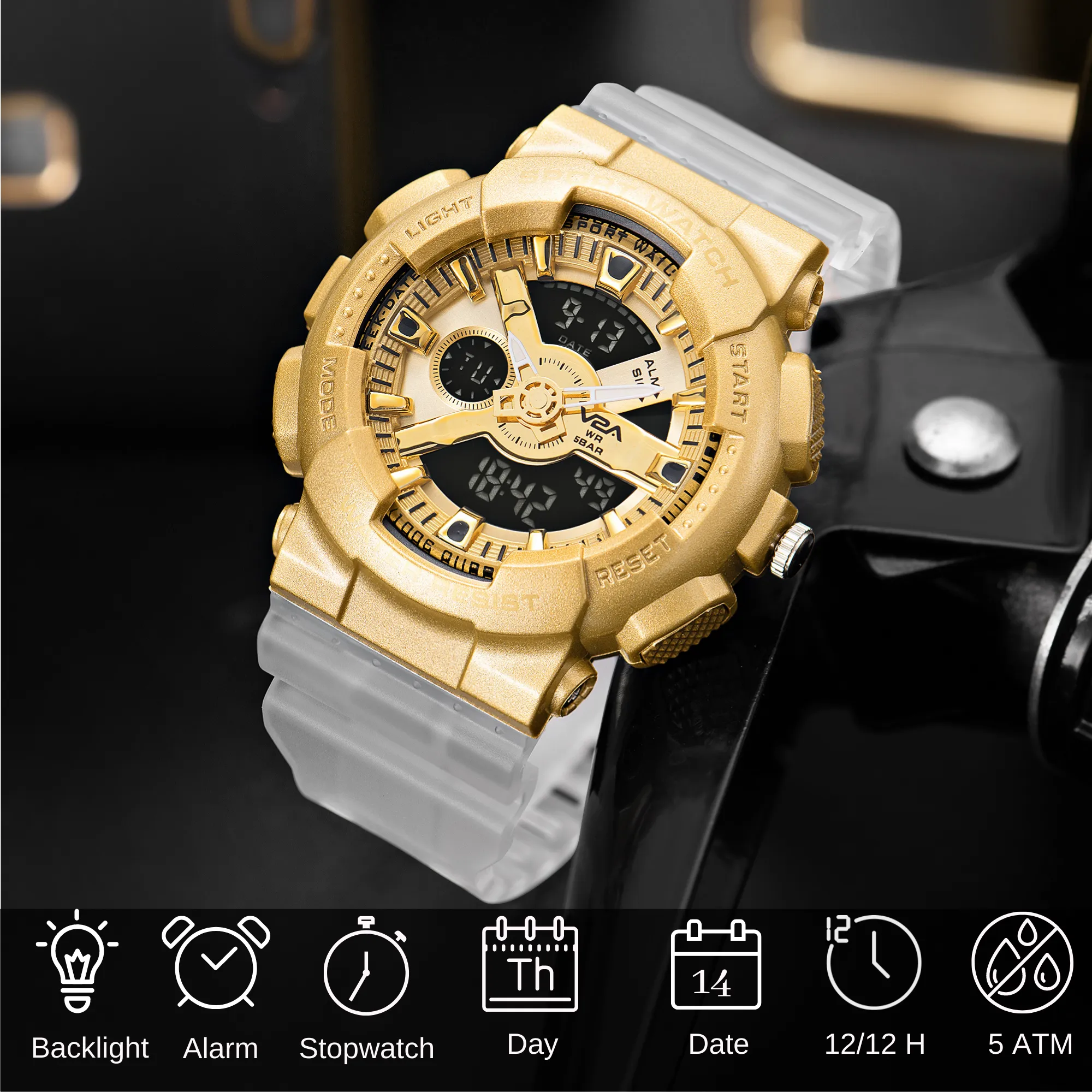 V2A Analog Digital Big and Bold Golden Case 5ATM Waterproof Sports Watch for Men with Stopwatch, Alarm and Backlight | Case Size- 51mm