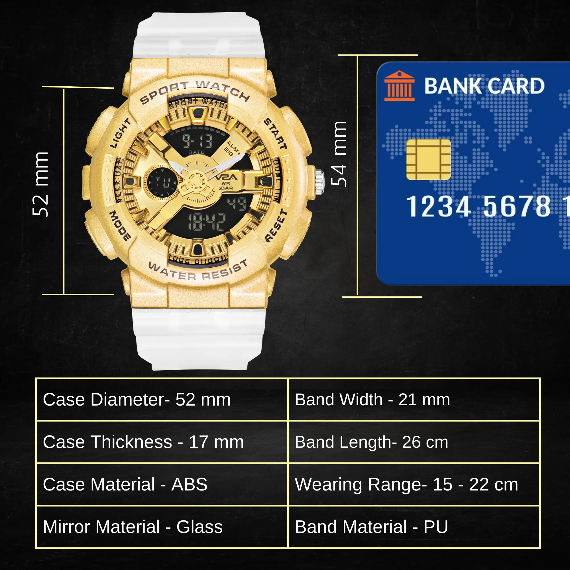 V2A Analog Digital Big and Bold Golden Case 5ATM Waterproof Sports Watch for Men with Stopwatch, Alarm and Backlight | Case Size- 51mm