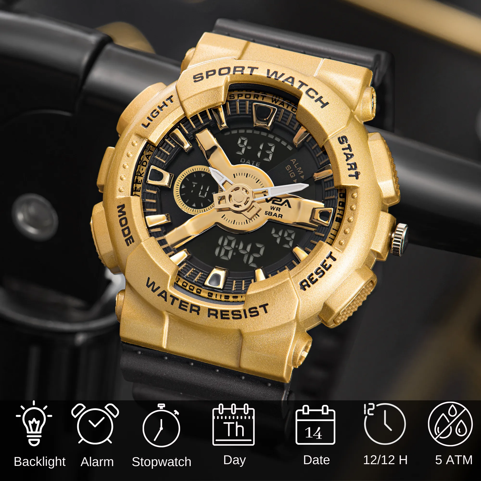 V2A Analog Digital Big and Bold Golden Case 5ATM Waterproof Sports Watch for Men with Stopwatch, Alarm and Backlight | Case Size- 51mm