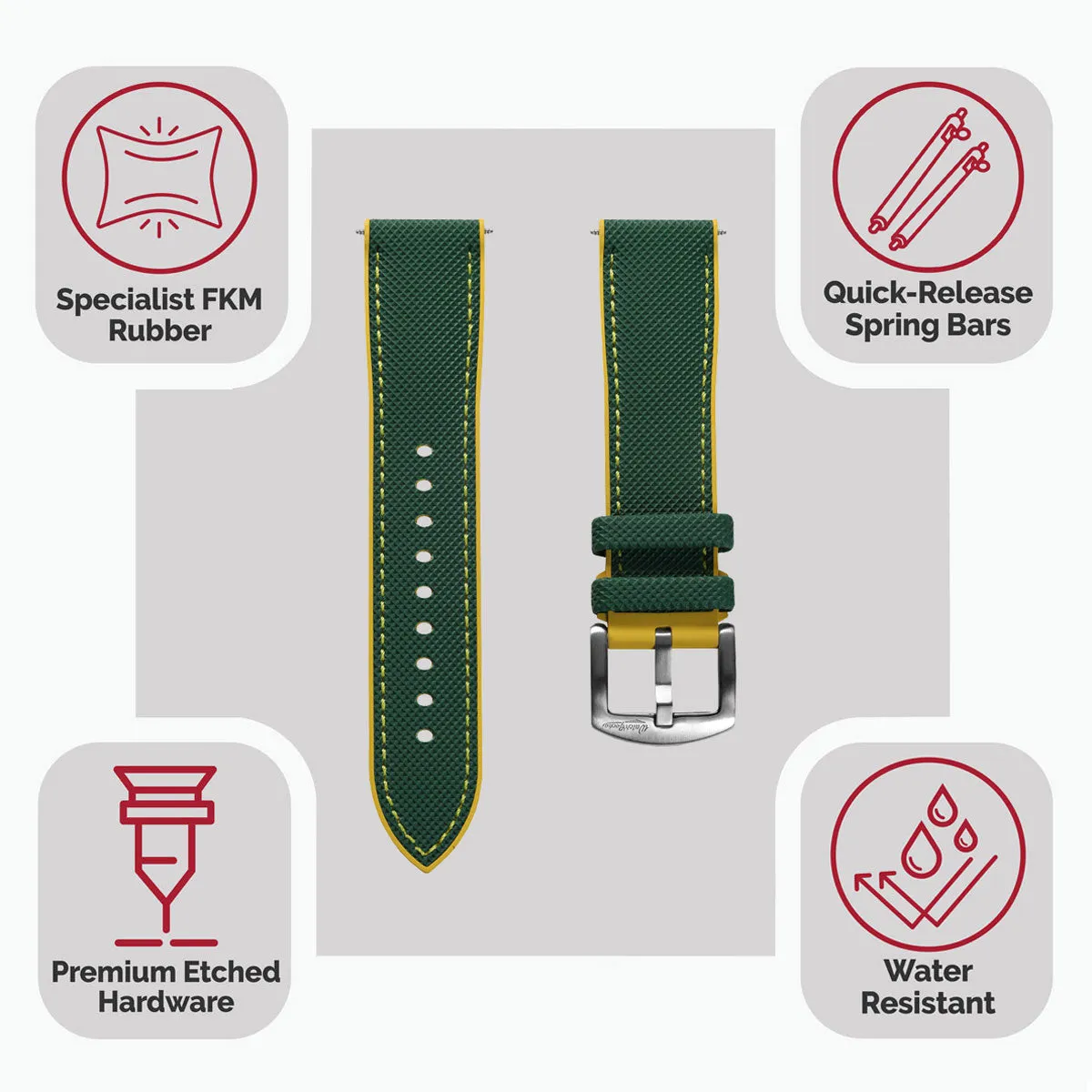 WatchGecko ChronoFKM Rubber Watch Strap - Green & Yellow